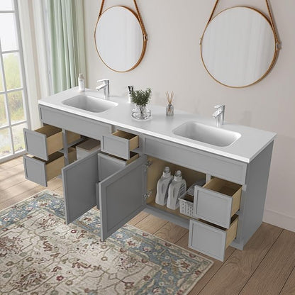 HomeBeyond 84 Inches Bathroom Vanity Base Cabinet Without Sink, Double Sink Top with Door & Soft Closing Drawers, Sturdy Floor Mounted Cabinet 2-Door 7-Drawer, Grey