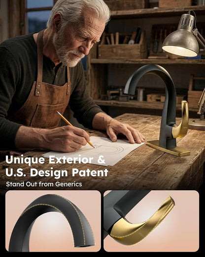 WOWOW Single Handle Bathroom Faucet 1 Hole High Arc Bathroom Basin Faucet Black and Gold with Pop-up Drain, Solid Brass Commercial Bathroom Sink Basin Vanity Bar Faucet (Patented Product)