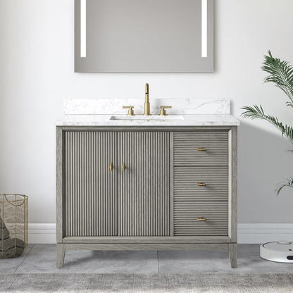 Vanity Art 42" Bathroom Vanity with Single Sink & Arabescato White Engineered Stone Top, Vanity Cabinet with Soft Closing Door, Solid Wood Frame, Golden Brushed Handles, Driftwood Gray VA8142-DG-GB
