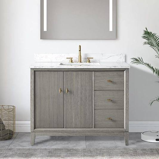 Vanity Art 42" Bathroom Vanity with Single Sink & Arabescato White Engineered Stone Top, Vanity Cabinet with Soft Closing Door, Solid Wood Frame, Golden Brushed Handles, Driftwood Gray VA8142-DG-GB