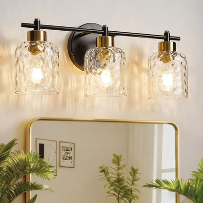 3 Light Black and Brass Bathroom Light Fixtures with Hammered Glass Mirror | 21.2" Black and Gold Farmhouse Vanity Light, Vanity Lighting Fixtures, Rustic Vanity Lights for Bathroom Lights for Makeup