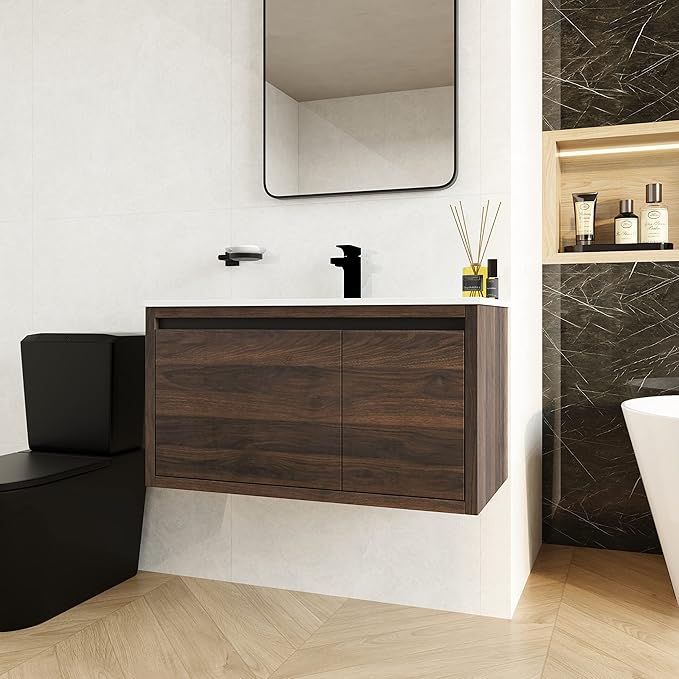 36 Inch Bathroom Vanity with Sink,Wall Mounted Bathroom Vanity Sink Combo w/Soft Close Door&Drawer for Large Space,Modern Floating Bathroom Vanity w/Top Basin&Brown Storage Cabinet