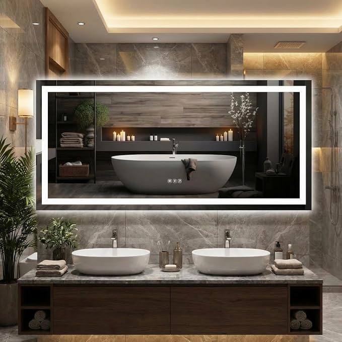 LED Bathroom Mirror 55 x 26 inch, Lighted Bathroom Vanity Mirror with Front Light and Backlit LED, Frameless Wall Mounted Bathroom Mirror with Adjustable Color Temperature