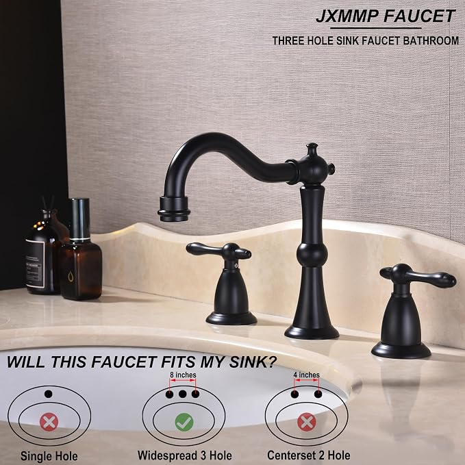 Matte Black Antique Bathroom Faucet 3 Hole, Widespread Sink Faucet with Pop Up Drain and cUPC Supply Hose, Modern 2 Handle Black Faucet for Bathroom Sink JXM3073BK