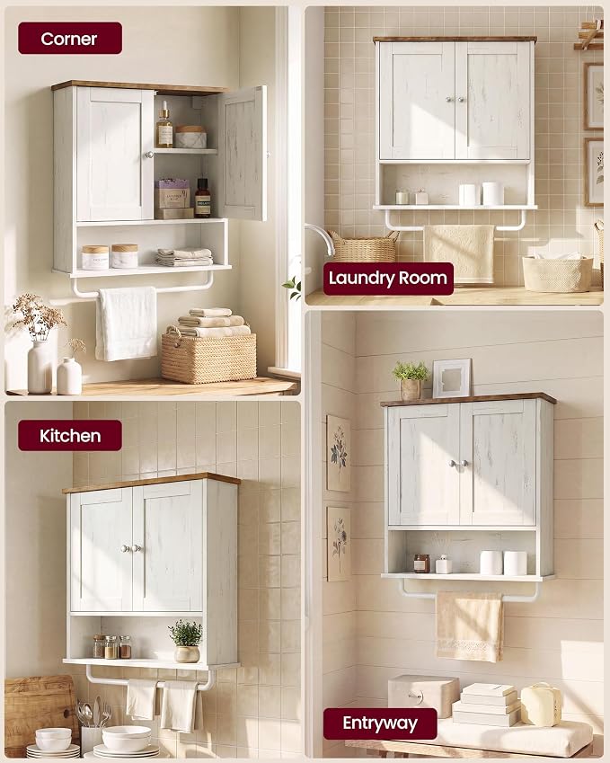 VASAGLE SIREN Collection Bathroom Wall Cabinet, Hanging Storage | Bathroom storage cabinet, with towel rod, farmhouse, adjustable shelf, and doors, 7.9 x 20 x 23.6 Inches UBBK149WJ01S