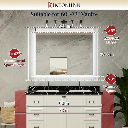 Keonjinn 48 x 36 Inch Backlit Mirror for Bathroom, Anti-Fog Led Mirror, CRI90+ HD Tempered Glass, Stepless Dimmable Lighted Mirror, High Lumen, UL Listed, Waterproof, Horizontal/Vertical