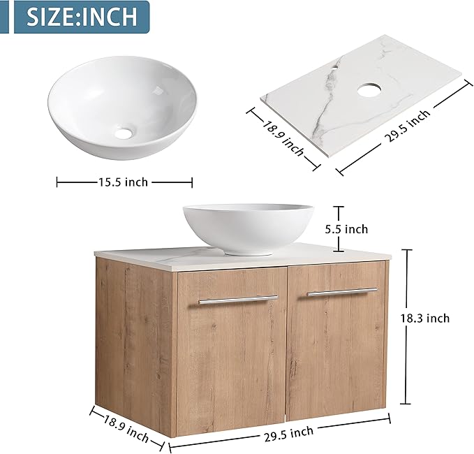 30" Floating Vanity with Sink, 30 Inch Bathroom Vanity with Sink, Modern Plywood Floating Cabinet with Sintered Stone Countertop and White Ceramic Basin, Soft Close Doors