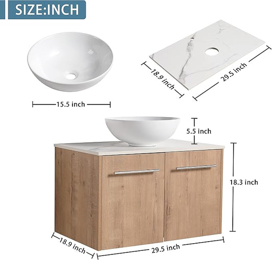 30" Floating Vanity with Sink, 30 Inch Bathroom Vanity with Sink, Modern Plywood Floating Cabinet with Sintered Stone Countertop and White Ceramic Basin, Soft Close Doors