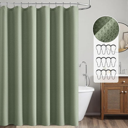 MIULEE Extra Long Waffle Weave Shower Curtain 84 Inch Long with 12 Metal Hooks Modern Washable 260GSM Heavy Fabric Waterproof Thick Cloth Shower Curtains Set for Bathroom Bathtub, Sage Green