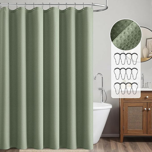 MIULEE Extra Long Waffle Weave Shower Curtain 84 Inch Long with 12 Metal Hooks Modern Washable 260GSM Heavy Fabric Waterproof Thick Cloth Shower Curtains Set for Bathroom Bathtub, Sage Green