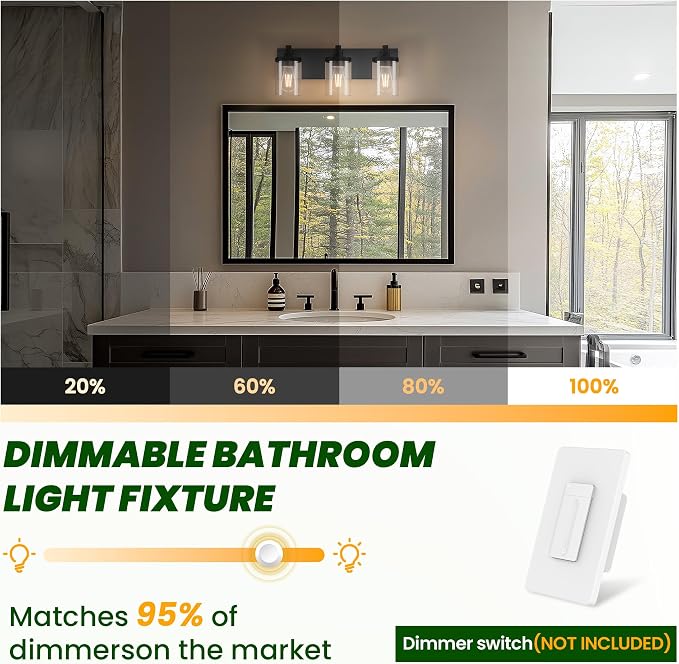 Bathroom Vanity Light, 3 Light Matte Black Vanity Light Fixture with Clear Glass Shade, 22 in Modern＆Farmhous Vanity Lights, Bathroom Light Fixtures Over Mirror for Bathrooms, Livingroom