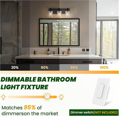 Bathroom Vanity Light, 3 Light Matte Black Vanity Light Fixture with Clear Glass Shade, 22 in Modern＆Farmhous Vanity Lights, Bathroom Light Fixtures Over Mirror for Bathrooms, Livingroom
