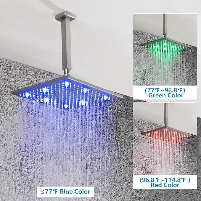 SKOWLL Brushed Nickel Shower Faucet Set Ceiling Mount 12 Inch LED Rainfall Shower Head with Body Jet Complete, Bathroom Shower System with Handheld, Pressured Balance Rough-in Valve