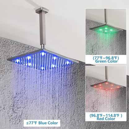 SKOWLL Brushed Nickel Shower Faucet Set Ceiling Mount 12 Inch LED Rainfall Shower Head with Body Jet Complete, Bathroom Shower System with Handheld, Pressured Balance Rough-in Valve