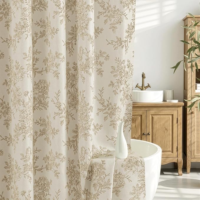 Extra Long Beige Floral Shower Curtain W72*L84 Inches Long | Linen Textured Fabric, 12 Rustproof Metal Hooks, Wrinkle Resistant Cloth, Machine Washable, Bathroom Decor for Cottage Core