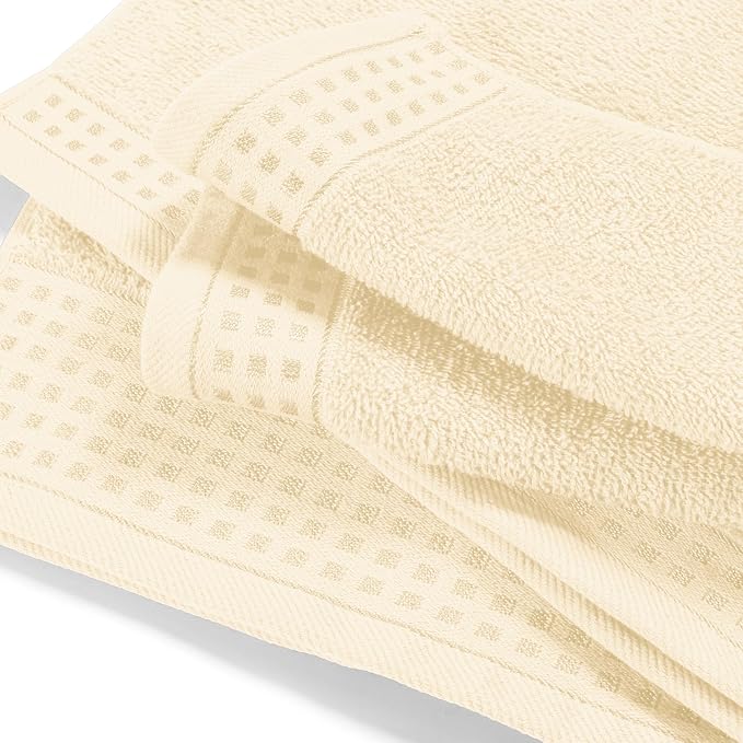 GLAMBURG Ultra Soft 3 Pack Cotton Towel Set, Contains a Bath Towel 28x55 inch, a Hand Towel 16x24 inch & a Wash Coth 12x12 inch, Ideal Everyday use, Compact & Lightweight - Ivory