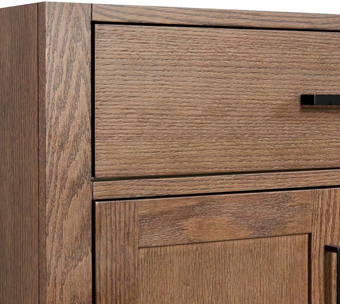 ARIEL Hepburn 42-inch Bathroom Vanity Base Cabinet,Solid Wood, 2 Soft Closing Doors, 5 Dovetail Drawers, Brown Oak