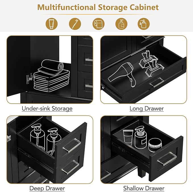 30" Bathroom Vanity with Smooth Ceramic Sink Combo, Free Standing Single Basin Vanity Set with 3 Drawers,Solid Wood Bathroom Cabine for Bathroom,Black
