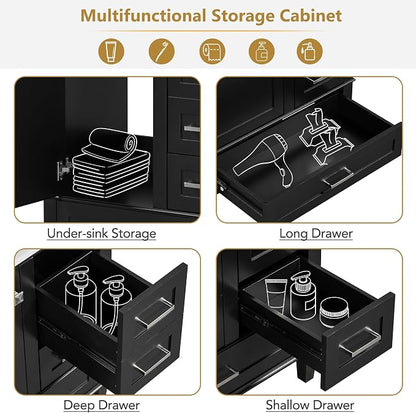 30" Bathroom Vanity with Smooth Ceramic Sink Combo, Free Standing Single Basin Vanity Set with 3 Drawers,Solid Wood Bathroom Cabine for Bathroom,Black