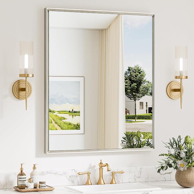 Keonjinn 30 x 36 Inch Brushed Nickel Bathroom Vanity Mirrors for Over Sink | Beveled Metal Frame, Rectangular Rustic Bathroom Mirror for Wall, Tempered Glass, Anti Rust, Square Corner, Farmhouse Style