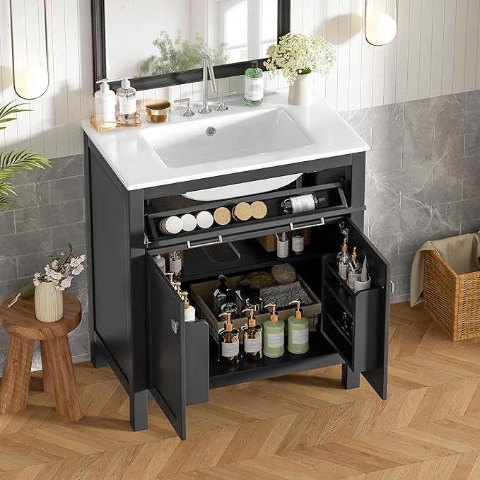 Favfurish 30" Bathroom Vanity with Ceramic Sink,Undermount Single Basin Vanity Set w/1 Flip-Out Drawer and 2 Soft-Close Doors & Adjustable Shelf,Freestanding Storage Cabinet,Solid Wood Frame,Black