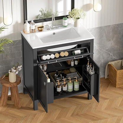 Favfurish 30" Bathroom Vanity with Ceramic Sink,Undermount Single Basin Vanity Set w/1 Flip-Out Drawer and 2 Soft-Close Doors & Adjustable Shelf,Freestanding Storage Cabinet,Solid Wood Frame,Black