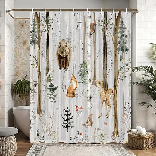 JAWO Rustic Forest Shower Curtains, Lodge Cabin Woodsy RV Shower Curtain, Wildlife Animals Woodland Campers Camping Bathroom Set with Hooks, 54x72 Inch, Grey