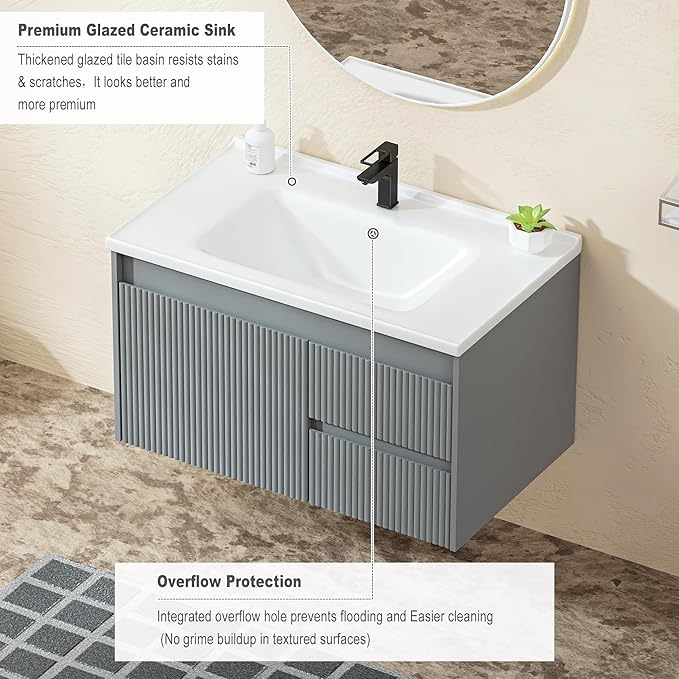 Floating Bathroom Vanity 32 Inch, Wall Mounted Bathroom Vanity with Ceramic Sink and 2 Drawers for Storage, Modern Wave-Carved Design Wooden Sink Cabinet, Grey