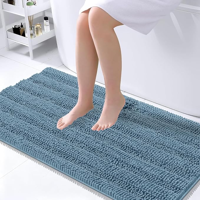 OLANLY Thick Large Bathroom Rugs 45x27, Soft Chenille Bath Rugs, Airy Blue | Absorbent Striped, Rubber Backing, Machine Wash Dry, Bath Mats for Bathroom Floor, Tub and Shower, Home Decor Accessories