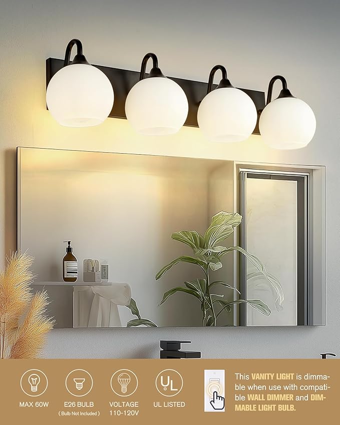 Emak 29 Inch Black Vanity Lights with Milk Glass Shade, 4-Light Bathroom Light Fixtures Over Mirror, Modern Farmhouse Globe Wall Sconces for Bathroom, Mirror, VL118-BK-ML-4