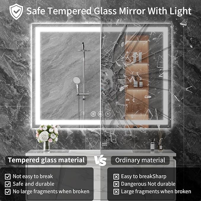Koonmi 60x36 LED Bathroom Mirror, Shatterproof Mirror with Light | 90CRI Vanity Mirror with Anti-fog Backlit + Front Lit, 3 Color, Easy Install for Bathroom Hotel (IP65)