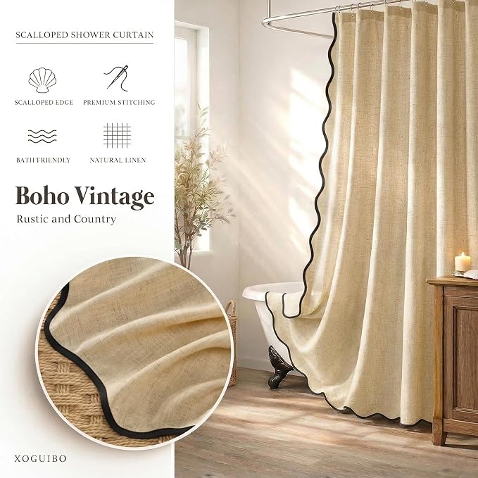 Scalloped Shower Curtain Linen Boho Flax Tan 72" W x 72" L | Linen Fabric, Black Border, Washable, Heavy Duty Cloth, Shower Curtain for Boho Farmhouse Bathroom Bathtub