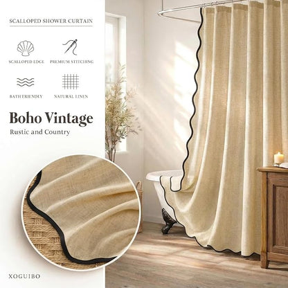 Scalloped Shower Curtain Linen Boho Flax Tan 72" W x 72" L | Linen Fabric, Black Border, Washable, Heavy Duty Cloth, Shower Curtain for Boho Farmhouse Bathroom Bathtub