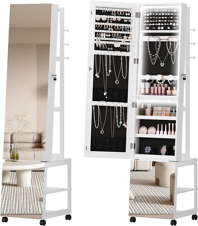 Hzuaneri Jewelry Cabinet with Light strip, 66.5-inch mirror Jewelry Armoire Standing with Garment Rack,Movable Full-length Mirror with Wheels,Lockable Storage Shelves with Hooks, White JC17103B