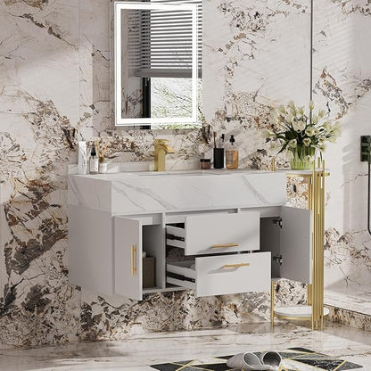 homary 39.4" Modern Floating Bathroom Vanity with Sink, Wall-Mounted Bathroom Vanity with Sintered Stone Countertop and 2 Drawers 2 Storage Cabinets, Undercounter Ceramic Sink Cabinet, White