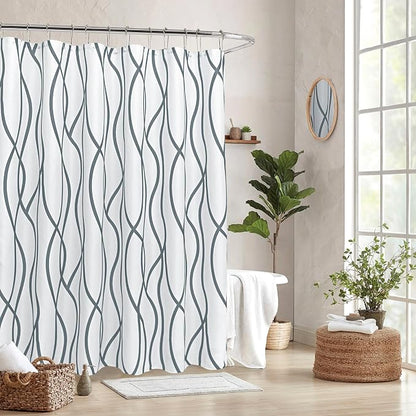 Fabric Modern Shower Curtain-Dark Grey & White Shower Curtains for Bathroom | 72"W x 72"L Textured Faux Linen Luxury Hotel Quality Washable-Abstract Wavy Cloth Bath Curtain-Apartment Minimalist Decor