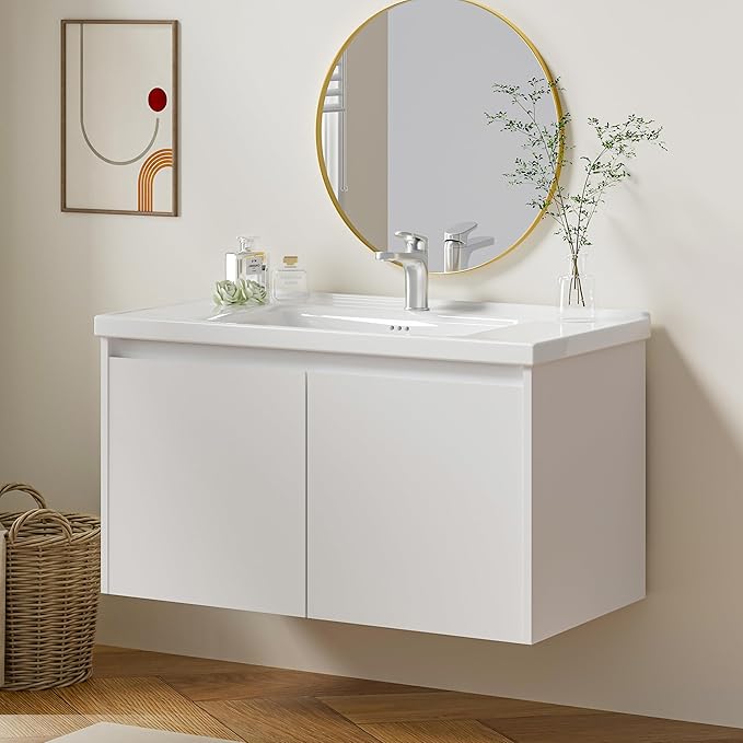 OLD CAPTAIN 36" Bathroom Vanity with Ceramic Sink, Floating Bathroom Vanity with Sink and Cabinet, Wall Mounted Bathroom Sink Cabinet with Storage and Two Doors, White
