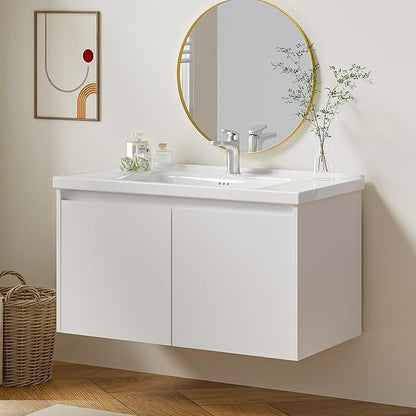 OLD CAPTAIN 36" Bathroom Vanity with Ceramic Sink, Floating Bathroom Vanity with Sink and Cabinet, Wall Mounted Bathroom Sink Cabinet with Storage and Two Doors, White