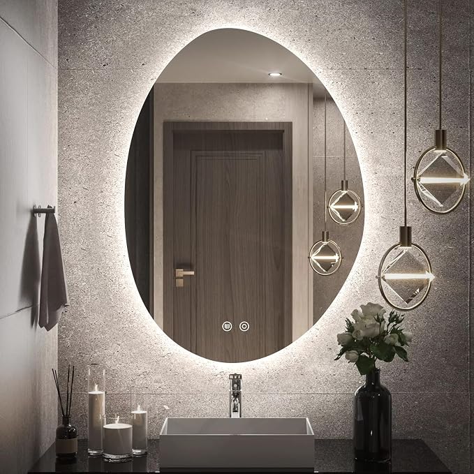 Niccy Irregular LED Bathroom Mirror, Frameless Backlit Wall Mirror, 20"x28" | Asymmetrica Lighted Mirror for Bedroom Living Room, Modern Smart-Mirror with 3 Color Lighting, Anti-Fog, Memory Function