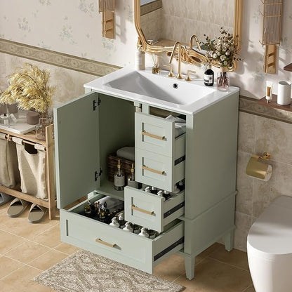 24.8" Bathroom Vanity with Ceramic Sink, Freestanding Bathroom Cabinet with Soft-Close Door, 3 Drawers & Spacious Storage, Solid Wood Frame and MDF, Modern Green Vanity for Small Bathrooms