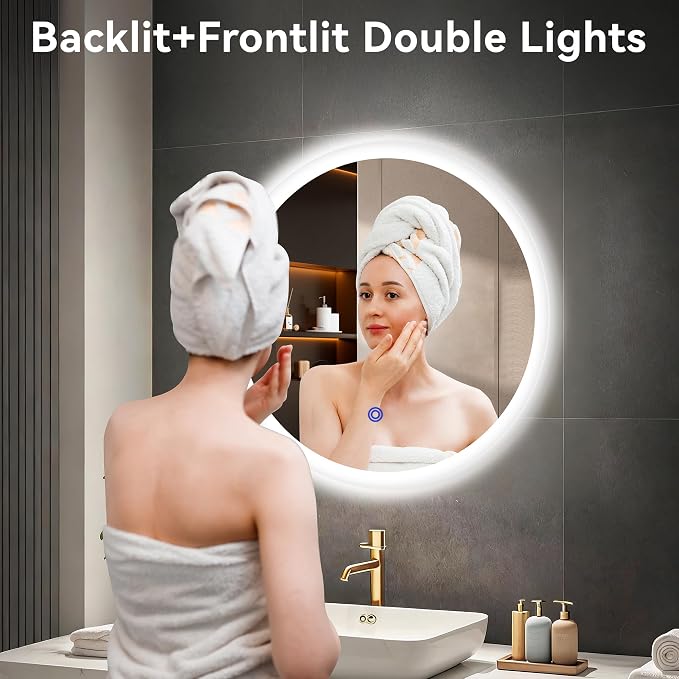 24“ x 24” LED Bathroom Smart Mirror, Round Mirror with Three Color Light Temperature Brightness Settings,Backlit + Front Lit,Wall-Mounted Vanity Mirror with Memory Function
