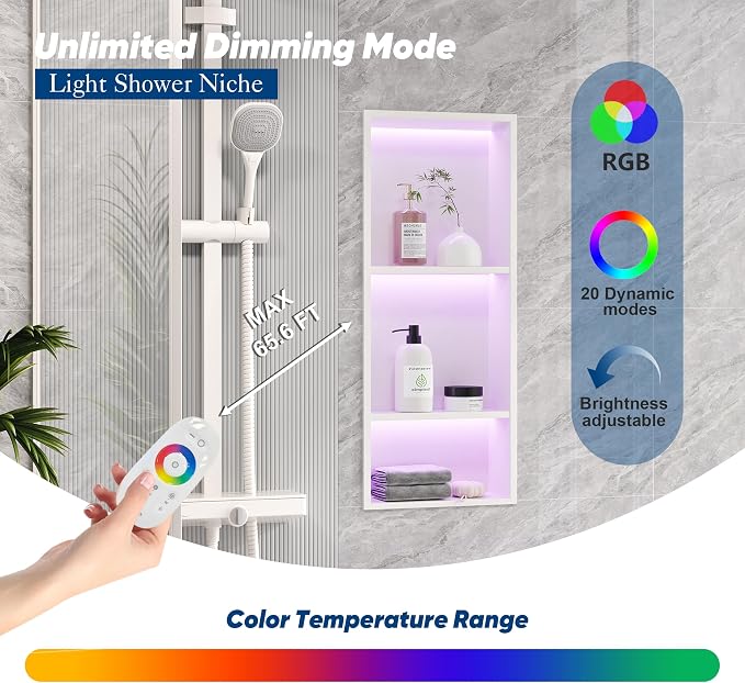 3-Tiers 12x30 Inch Wall Niche with RGB LED Light Strips, White Shower Niche Cabinet, Stainless Steel Bathroom Shelf, NO Tile Needed Recessed Storage Organizer Waterproof
