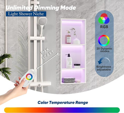 3-Tiers 12x30 Inch Wall Niche with RGB LED Light Strips, White Shower Niche Cabinet, Stainless Steel Bathroom Shelf, NO Tile Needed Recessed Storage Organizer Waterproof