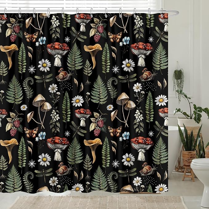GOAOK Vintage Mushroom Boho Shower Curtain, Magic Fairy Witchy Woodland Nature Plant Shower Curtain Set, Hippie Botanical Floral Aesthetics Fabric Waterproof Shower Curtain 72"x84" Black
