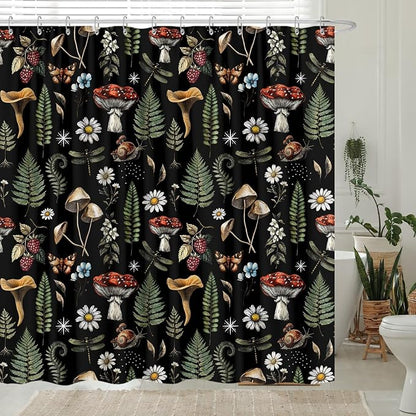 GOAOK Vintage Mushroom Boho Shower Curtain, Magic Fairy Witchy Woodland Nature Plant Shower Curtain Set, Hippie Botanical Floral Aesthetics Fabric Waterproof Shower Curtain 72"x84" Black
