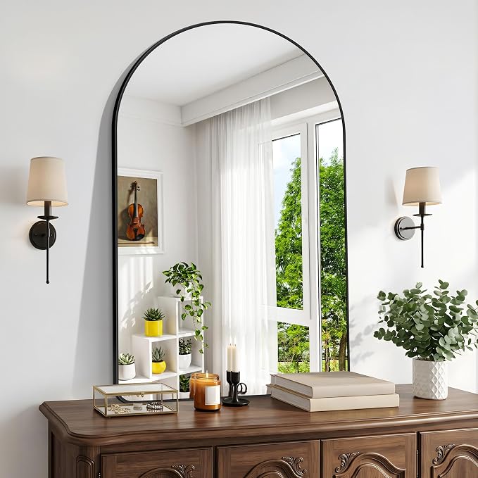 BONEWEI Arched Wall Mirror,32x48 inch Black Arched Mirror Bathroom,Large Vanity Mirror for Over Sink Metal Frame,Tempered Glass Arch Mirrors for Bedroom,Entryway,Living Room,Home Decor Shatter-Proof