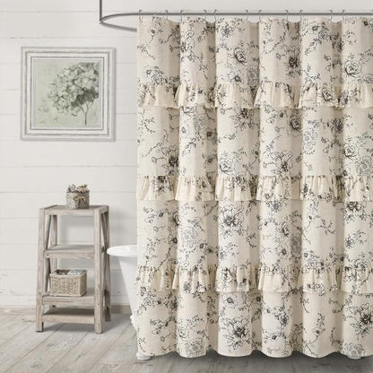 Farmhouse Floral Ruffle Shower Curtain for Bathroom | Vintage Black Linen Pattern Shower Curtains , Tan Taupe,72Wx72H
