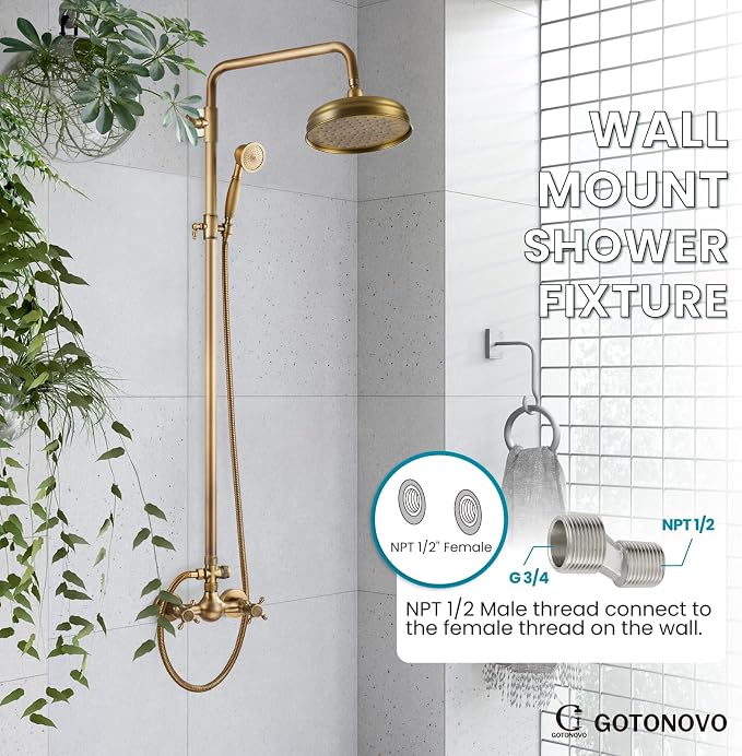 gotonovo Exposed Shower System Wall Mount,Antique Brass,Metal Handheld | 8” Rain Shower Head Faucet Set Fixtures,2 Function,Two Cross Handle,Height Adjustable,for 5-6.7" Hole,Indoor Victorian Retro