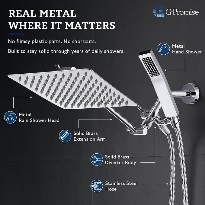 G-Promise All Metal 10" Dual Square Shower Head Combo | Rain Shower Head | Handheld Shower Wand | Adjustable | Smooth 3-Way Diverter | 71" Extra Long Hose - A Bathroom Upgrade (Chrome) | Built to Last, Easy Install, Adjustable Height & Angle for All He...