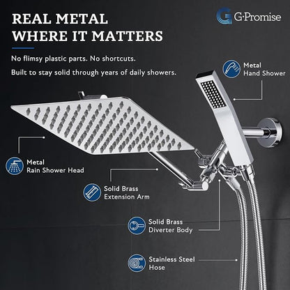 G-Promise All Metal 10" Dual Square Shower Head Combo | Rain Shower Head | Handheld Shower Wand | Adjustable | Smooth 3-Way Diverter | 71" Extra Long Hose - A Bathroom Upgrade (Chrome) | Built to Last, Easy Install, Adjustable Height & Angle for All He...